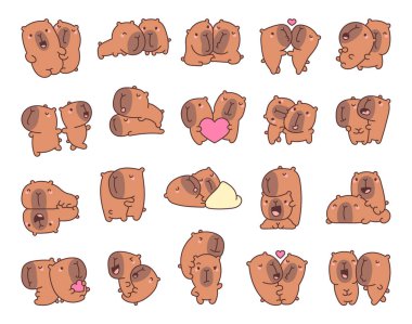 Capybara çizgi film karakterleri birbirlerini seviyorlar. Öpüşüyorlar, sarılıyorlar, kalplerini sevimli kawaii romantik taslak tarzında tutuyorlar.