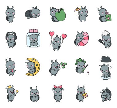 Şirin kawaii tarzındaki böcek çizgi film karakterleri kalpleriyle balonlar, yemek kulaklıkları şemsiyeler, olta başlıkları ve gözlükler.