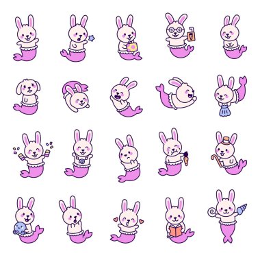 Kawaii tarzında deniz kızı tavşan çizgi film karakterleri ellerinde hediyeler, kabuklar kitaplar, evcil hayvanlar ve sualtı fantazileri taşıyorlar.