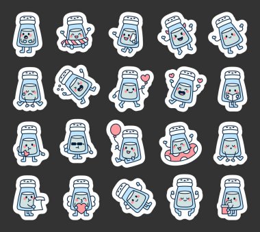 Kawaii 'deki tuzluk-karıştırıcı çizgi film karakterleri duygularını ifade ediyor kahve içiyor, mektup okuyor, meditasyon yapıyor, kutlama yapıyor, sevgi ve neşe yayıyor.