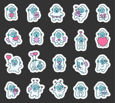 Yeti sevgililer günü çizgi filmi karakteri elinde kalp taşıyan çiçek dolu mektuplar kanat takan pastalar aşkı kutlayan ve tatlı Kawaii tarzında duygularını ifade eden.