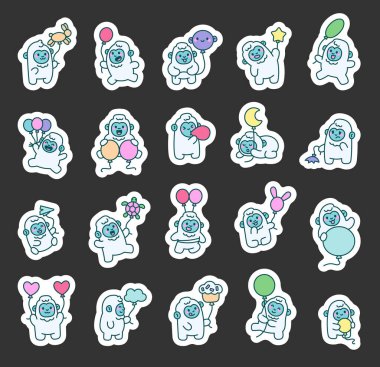 Balonlarla uçan Yeti çizgi film karakterleri gülümseyen kalpler tutan yıldızlar taşıyan kapkekler dans eden, uyuyan ve tatlı bir şekilde duygularını ifade eden.