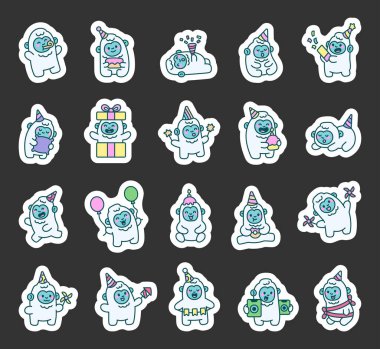 Yeti parti çizgi film karakteri, sevimli kawaii tarzında patlamış mısır yiyor, pasta yiyor, balon tutuyor, maytap tutuyor ve dekorasyonla dans ediyor.