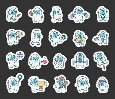 Tatlı yeti spor çizgi film karakterleri toplarla, raketlerle, patenlerle, kupalarla, ip atlamakla, halatla, madalyayla, kıyafetlerle, teçhizatla ve gülümsemeyle oynuyorlar.