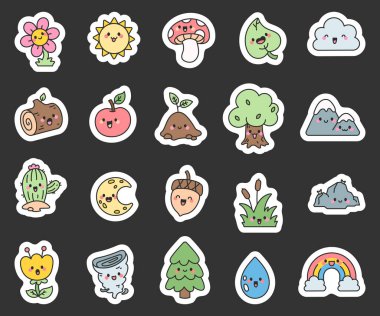 Şirin kawaii doğa karakterleri çiçekler, ağaçlar, meyveler, hava, gökyüzü, yapraklar, mantarlar, dağlar, kayalar, bitkiler, bulutlar ve damlalar
