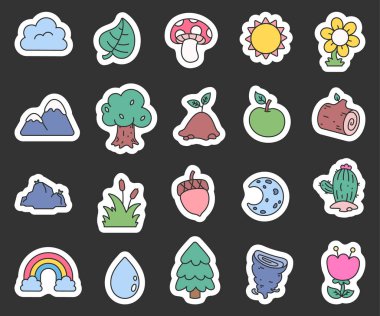 Minimum çizgi film doğa elementleri ağaçlar, çiçekler, bulutlar, yapraklar, meyve, hava, manzara, bitkiler, kayalar, su ve gökyüzü