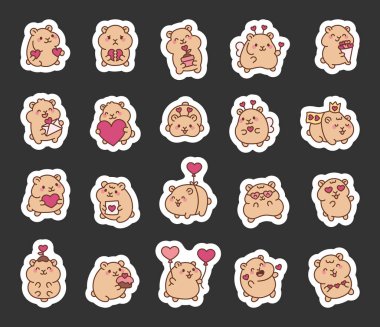 Sevgililer Günü tasarımları için sevimli hamster çizgi film karakterleri. Kalpleri, balonları, pastaları, çiçekleri, kanatları, mektupları, taçları, hediyeleri ve duyguları olan.