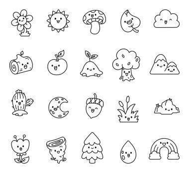 Şirin kawaii doğa karakterleri çiçekler, ağaçlar, meyveler, hava, gökyüzü, yapraklar, mantarlar, dağlar, kayalar, bitkiler, bulutlar ve damlalar
