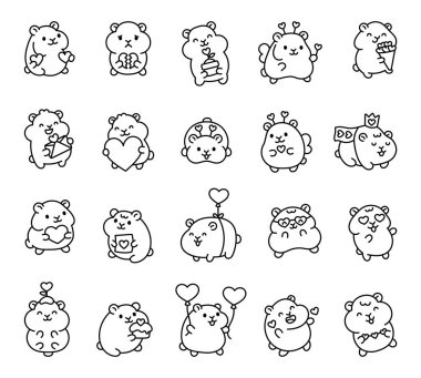 Sevgililer Günü tasarımları için sevimli hamster çizgi film karakterleri. Kalpleri, balonları, pastaları, çiçekleri, kanatları, mektupları, taçları, hediyeleri ve duyguları olan.