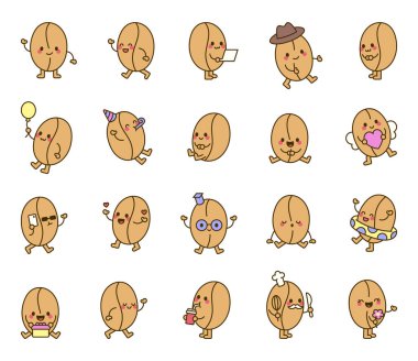 Sevimli eğitimsel, sağlıklı yaşam tarzı atıştırmalık temalı Kawaii tasarımı için duyguları ve eylemleri olan yulaf çizgi film karakterleri.