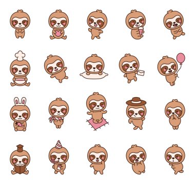 Sevimli yaşam tarzı eğitim tatili için duyguları ve eylemleri olan tembel çizgi film karakterleri Kawaii tarzında yemek temalı illüstrasyonları rahatlatıyor.