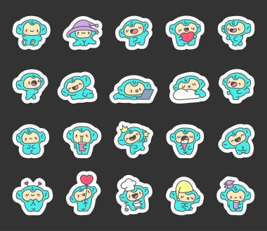 Büyüleyici mavi maymun karakter seti oturarak, uyuyarak, dans ederek, çalışarak, bayramları kutlayarak ve tapılası büyülü ve lezzetli nesneleri tutarak eğlenceli aktiviteler yapıyor.