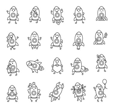 Sevimli uzay temalı ve eylemleri olan roket çizgi film karakterleri Kawaii ana hatlarıyla eğitici büyülü yaşam tarzı şenlik çizimleri
