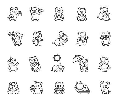 Sevimli yaz domuzu karakteri güneş kremi, abur cubur, yüzme, dinlenme ve deniz kenarı aktivitelerindeki eğlenceli deniz etkileşimleriyle sahilde eğleniyor.