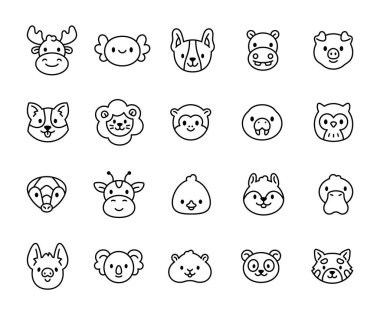Hayvan yüzlü karakter seti, sevimli memelilerin, egzotik yaratıkların, kuşların ve yaratıcı projeleriniz için etkileyici duyguları olan komik kemirgenlerin gülümseme kafalarını gösteriyor.