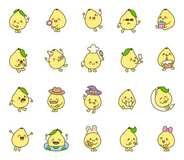 Pomelo çizgi film karakterleri, Kawaii tarzında duyguları ifade ediyorlar gülümsüyorlar, zıplıyorlar, uyuyorlar yemek blogları okuyorlar, kostümlü şapkalar ve aksesuarlar giyiyorlar.