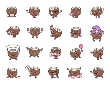 Kawaii tarzında hindistan cevizi çizgi film karakterleri gülümsüyor, yemek yiyor, kutlama yapıyor ve aksesuar kostümleri ve aksesuarlarla duygularını gösteriyor.