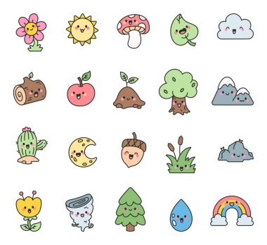 Şirin kawaii doğa karakterleri çiçekler, ağaçlar, meyveler, hava, gökyüzü, yapraklar, mantarlar, dağlar, kayalar, bitkiler, bulutlar ve damlalar
