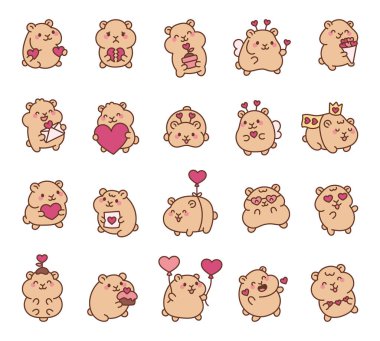 Sevgililer Günü tasarımları için sevimli hamster çizgi film karakterleri. Kalpleri, balonları, pastaları, çiçekleri, kanatları, mektupları, taçları, hediyeleri ve duyguları olan.