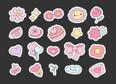 Kalpleri, çiçekleri, yıldızları, pastaları, yayları, balonları, hediyeleri, zarfları, bulutları, ışıltıları ve ikonları olan sevimli dekoratif karikatür tasarımı elementleri.