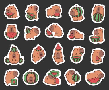 Şirin kawaii tarzında karpuz meyveli Capybara çizgi film karakterleri yaz yemeklerine poz vererek içki içerler.