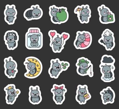 Şirin kawaii tarzındaki böcek çizgi film karakterleri kalpleriyle balonlar, yemek kulaklıkları şemsiyeler, olta başlıkları ve gözlükler.