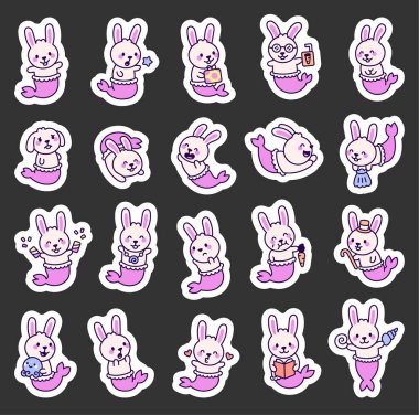 Kawaii tarzında deniz kızı tavşan çizgi film karakterleri ellerinde hediyeler, kabuklar kitaplar, evcil hayvanlar ve sualtı fantazileri taşıyorlar.