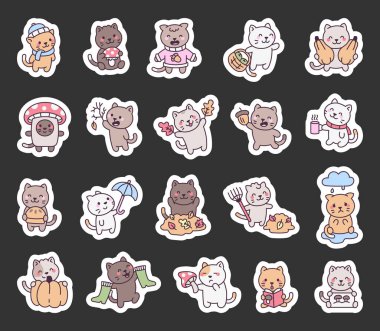 Kawaii karikatür tarzında sonbahar kedileri ellerinde mantar yaprakları, balkabağı kitapları kahve şemsiyeleri ve kazak eşarpları ve çizmeler taşıyorlar.