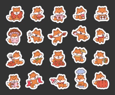 Kawai karikatür tarzında sonbahar tilkileri ellerinde mantar, balkabağı, elma, meşe palamudu çizimleri ve kazak ve bot giyerler.