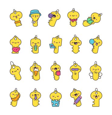 Küçük anahtar karakter seti çeşitli sevimli anları gösteriyor. Elinde eşyalar, gülümseyen yüzler, büyüleyici pozlar ve yaratıcı projelerin için sevimli aksesuarlar.