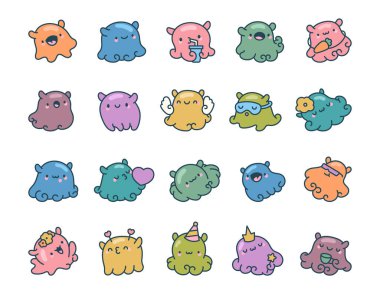 Büyüleyici ahtapot ahtapot karakter seti, gülen yüzlü duygusal anları, sevimli nesneleri, komik aksesuarları, sihirli nesneleri ve senin projelerin için samimi ifadeleri gösteriyor.