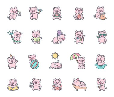 Sevimli yaz domuzu karakteri güneş kremi, abur cubur, yüzme, dinlenme ve deniz kenarı aktivitelerindeki eğlenceli deniz etkileşimleriyle sahilde eğleniyor.