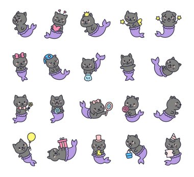 Gülümseyen pozlar, sevimli şapka, mutlu duygular, sihirli eşyalar, doğum günü sembolleri, uyku anları ve sualtı aksesuarları olan sevimli deniz kızı karakteri.