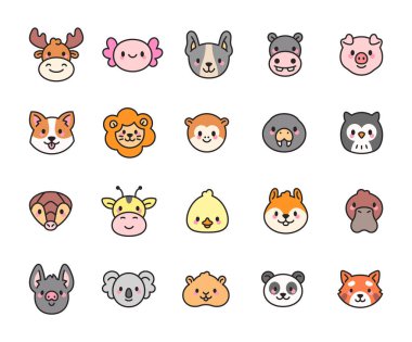 Hayvan yüzlü karakter seti, sevimli memelilerin, egzotik yaratıkların, kuşların ve yaratıcı projeleriniz için etkileyici duyguları olan komik kemirgenlerin gülümseme kafalarını gösteriyor.