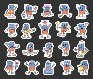 Geçmişe dönük eğitim bürosu müzikali için duyguları ve eylemleri olan silgi çizgi film karakterleri modaya uygun tasvir tarzında büyülü yaşam tarzı çizimleri