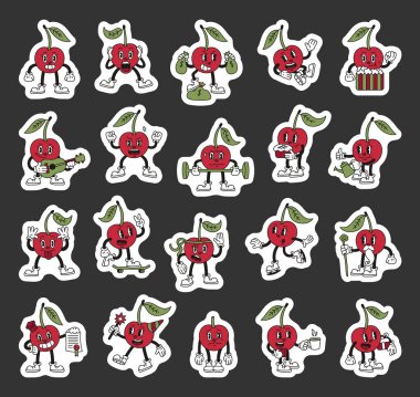 Duyguları olan kiraz çileği çizgi film karakterleri nesneler kostüm ve modaya uygun modaya uygun özet tarzdaki eğlenceli ifadeleri işaret eder