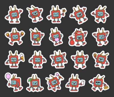 Duyguları olan robot çizgi film karakterleri hareketleri olan hareketler sevimli kawaii tarzında sevgi ve şaşkınlık sunar.