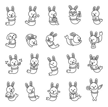 Kawaii tarzında deniz kızı tavşan çizgi film karakterleri ellerinde hediyeler, kabuklar kitaplar, evcil hayvanlar ve sualtı fantazileri taşıyorlar.