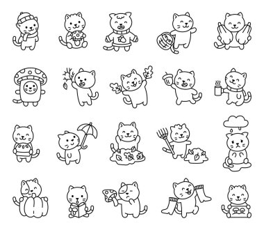 Kawaii karikatür tarzında sonbahar kedileri ellerinde mantar yaprakları, balkabağı kitapları kahve şemsiyeleri ve kazak eşarpları ve çizmeler taşıyorlar.