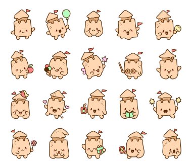 Gülen yüzleri, sallanan bayrakları, balonları tutan, kitap okuyan, meyve suyu içen, hediye veren ve sevgililer günü aşk anlarını kutlayan sevimli kumdan kale karakteri.