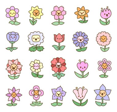 Çiçek seti sevimli karikatürlere sahiptir. Yüzleri olan sevimli bitkiler, neşeli duygular, bahar çiçekleri ve doğal mutlu bahçe resimleriniz ve yaratıcı tasarım projeleriniz için.