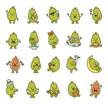 Sevimli gülümseme pozları, dondurma yeme, akıllı telefon tutma, yüzme havuzu, bardaklar, hediye, çiçek gibi projeler içeren Papaya karakter seti.