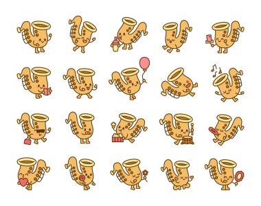 Sevimli duyguları olan saksafon karakteri ve ellerinde hazır kahve bardağı, içki, balon, meditasyon, çiçek, patlamış mısır, akıllı telefon, ayna, lolipop ve kitap aktiviteleri tutan büyüleyici selamlar.