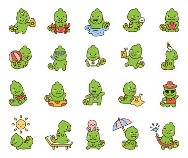 Bukalemun yaz karakteri seti güneş kremiyle eğleniyor, yengeçle oynuyor, dondurma yiyor, şemsiyelerin altında dinleniyor, güneş gözlüğü takıyor ve mutlu deniz maceralarının tadını çıkarıyor.