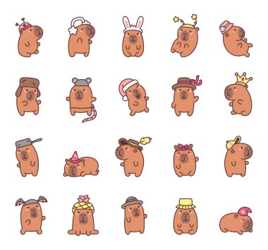 Kalp, anten, tavşan kulağı, yıldız süslemeleri, çiçek aksesuarları, kış kulaklıkları, taç, kızartma tavası, panama, beyzbol şapkası takan Capybara kutlamalar için