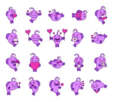 Sevgililer Günü fener balığı seti. Kalpleri, öpücükleri, balonları, kartları, hediyeleri, çiçekleri, pastaları ve mutlu gülümseyen yüzleri olan romantik duyguları gösteren set. Tasarımlarınız için projeler.