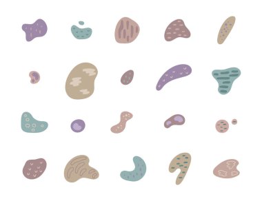 Çizim ve yaratıcı tasarım projeleriniz için dekoratif elementlerde kullanmak üzere elle çizilmiş eğri ve farklı biçimlere sahip soyut şekil İskandinav tarzı seti