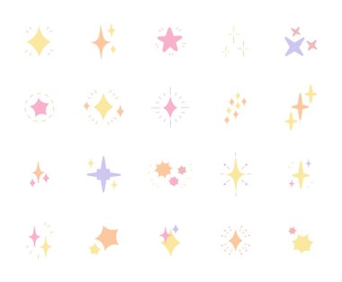Yaratıcı çizimleriniz için parlak ve sihirli rüya temalı tasarım projelerinde kullanmak üzere farklı şekillerde dekoratif ışıldayan yıldız kümesi