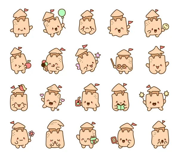 Gülen yüzleri, sallanan bayrakları, balonları tutan, kitap okuyan, meyve suyu içen, hediye veren ve sevgililer günü aşk anlarını kutlayan sevimli kumdan kale karakteri.