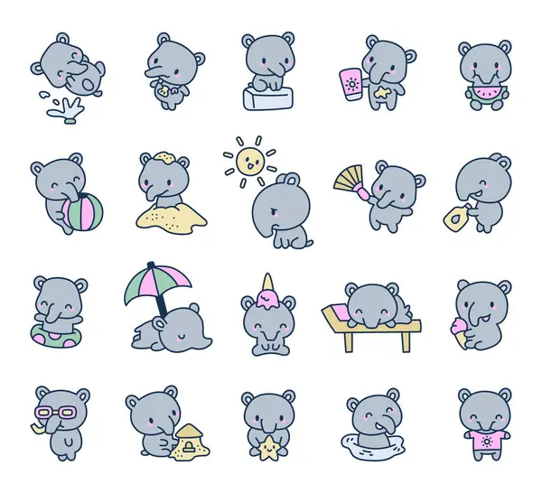 Karakterlerle dolu tapir yaz seti çeşmeden keyif alıyor, kabuklu kolye takıyor, buz bloğunda dinleniyor, güneş kremi sürüyor, karpuz yiyor, topla oynuyor, kumdan kale inşa ediyor.